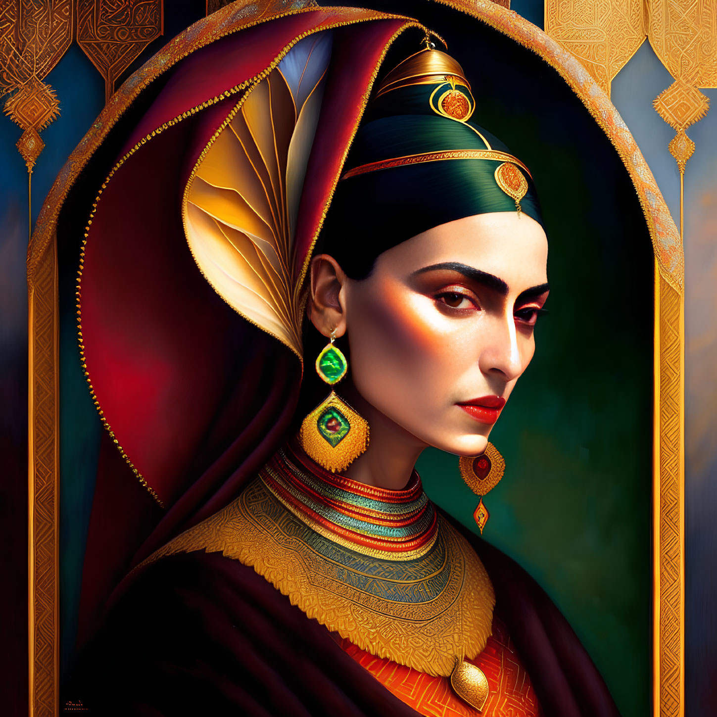 Vibrant digital portrait of woman as ancient Egyptian pharaoh