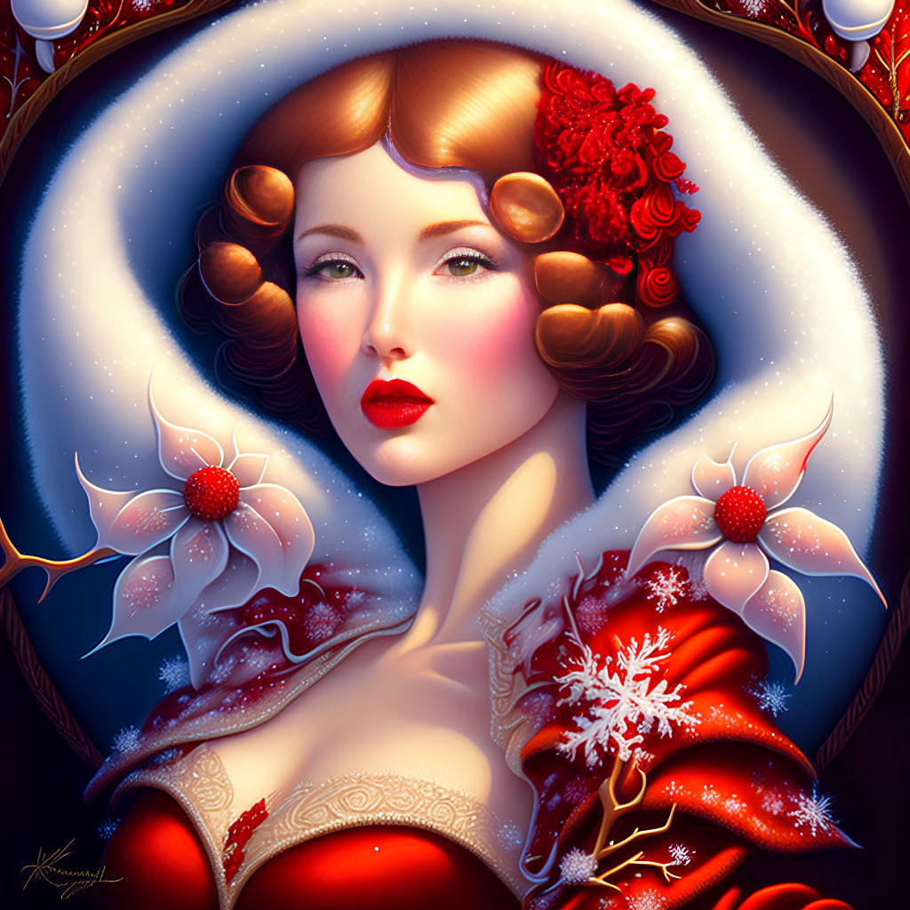 Illustration of fair-skinned woman with wavy brown hair and red lips in red attire with floral