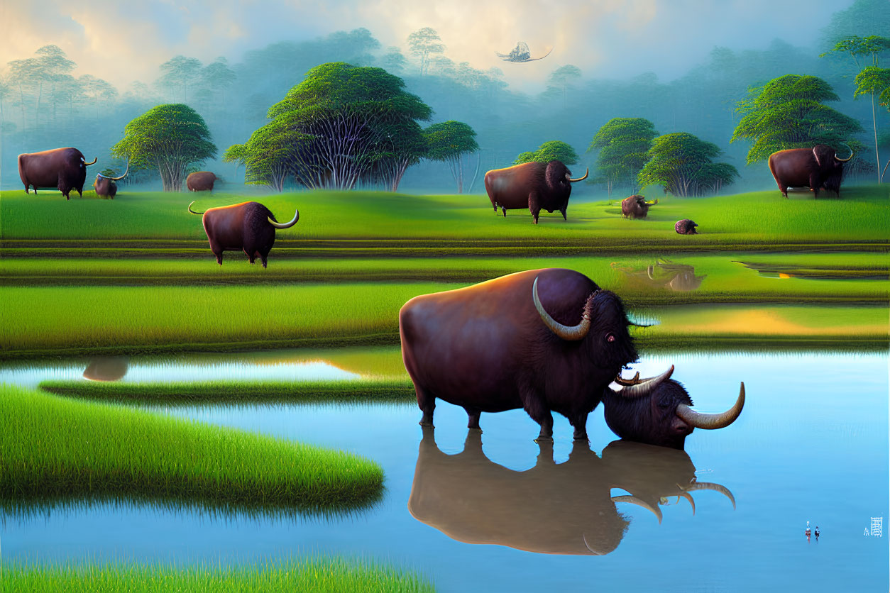 Tranquil landscape with water buffalo grazing in rice terraces