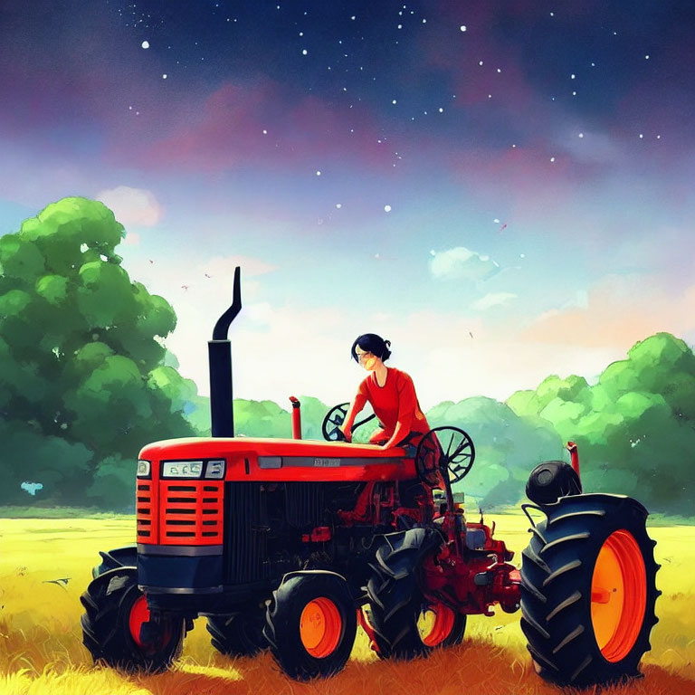 Person in red shirt and hat operating vintage tractor in field under colorful sunset sky gradient.