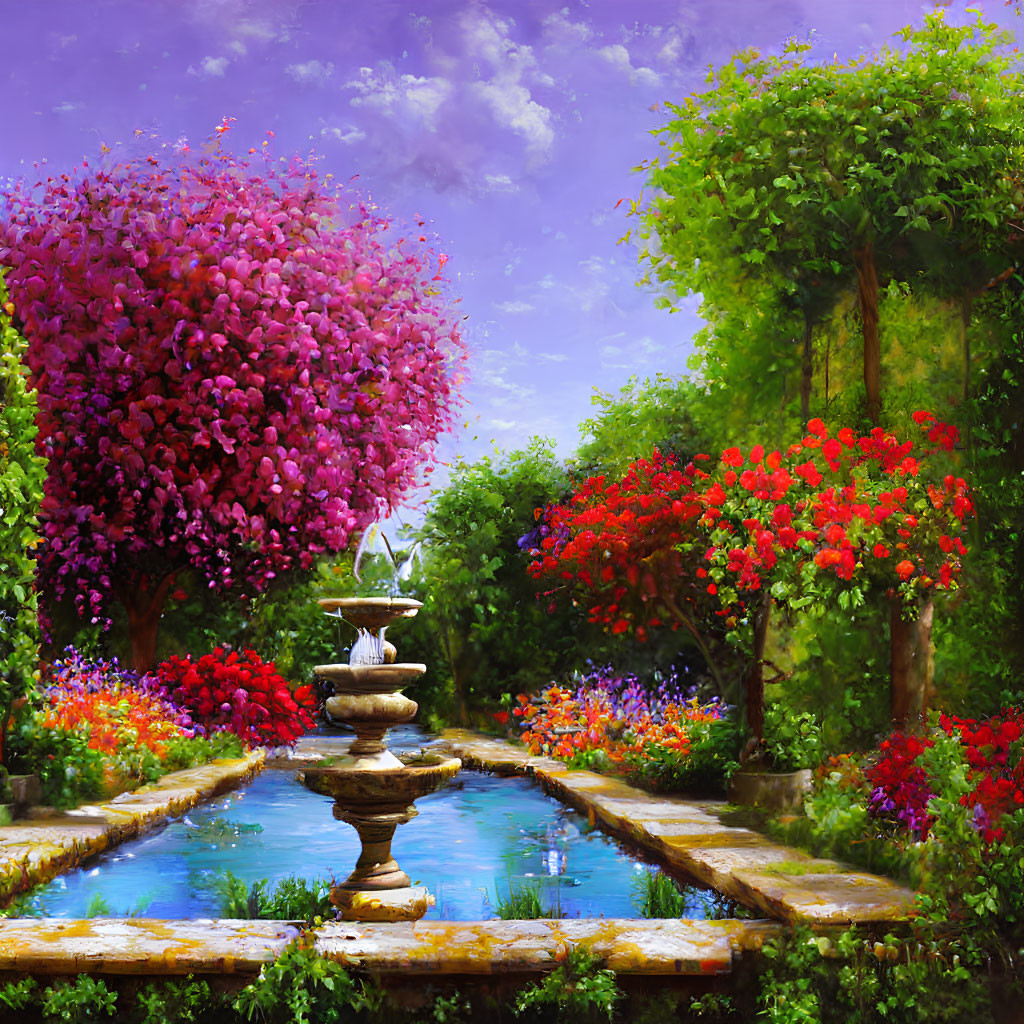 Lush Garden with Central Fountain and Flowering Plants