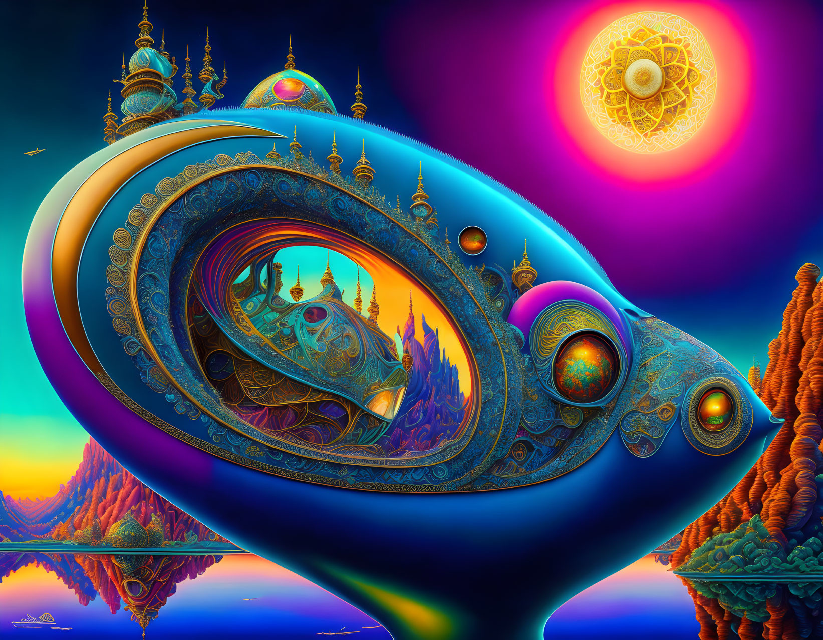 Surreal landscape with futuristic oval structure under psychedelic sky