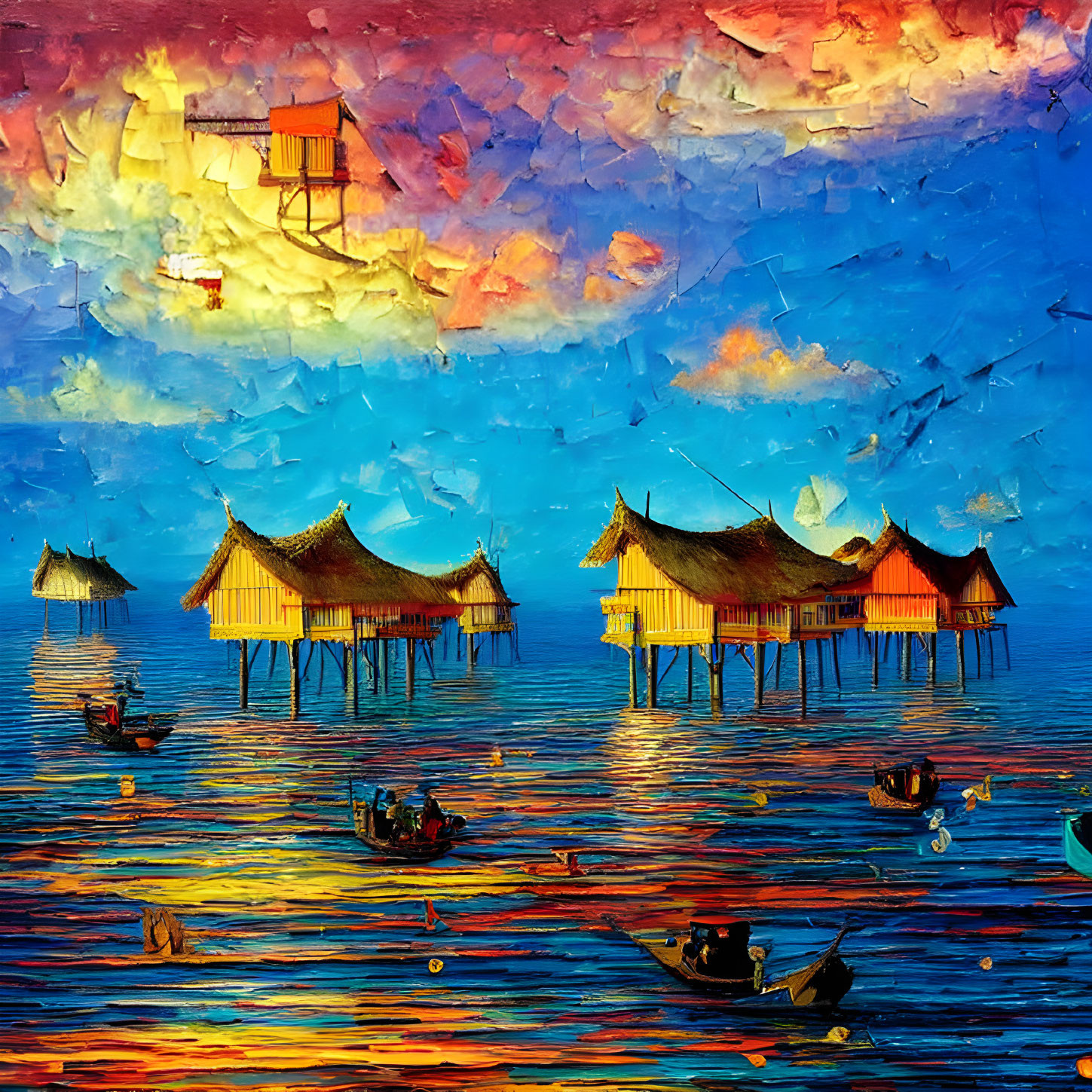 Vibrant sunset painting of stilt houses over water with boats and reflection