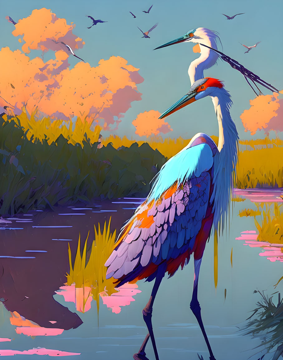 Colorful Heron Standing by Water at Sunset with Flying Birds - Digital Illustration