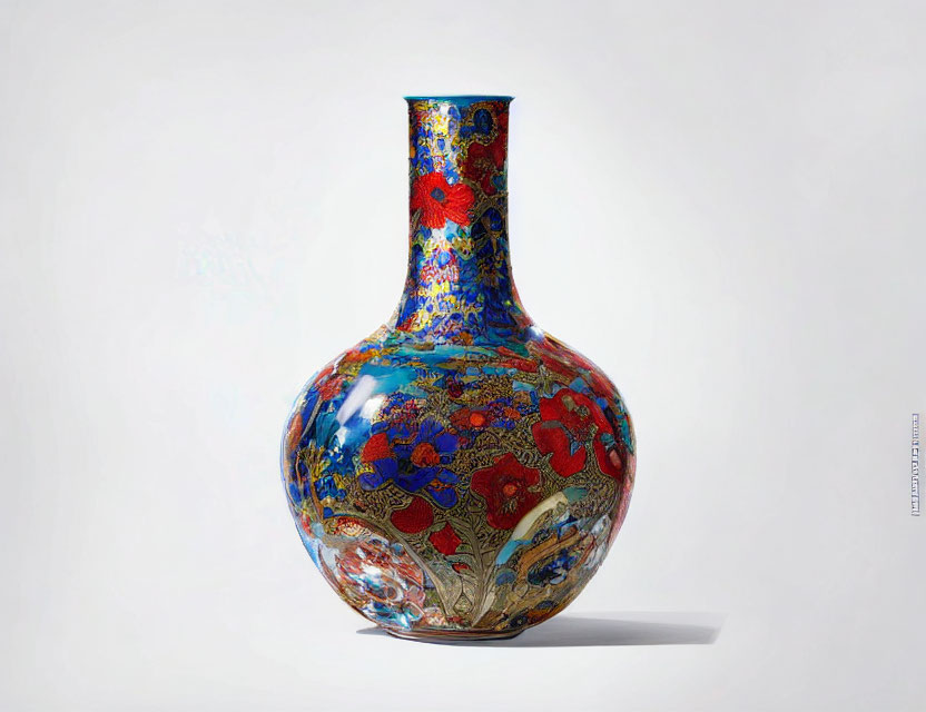 Colorful Cloisonné Vase with Blue Background and Red Floral Patterns