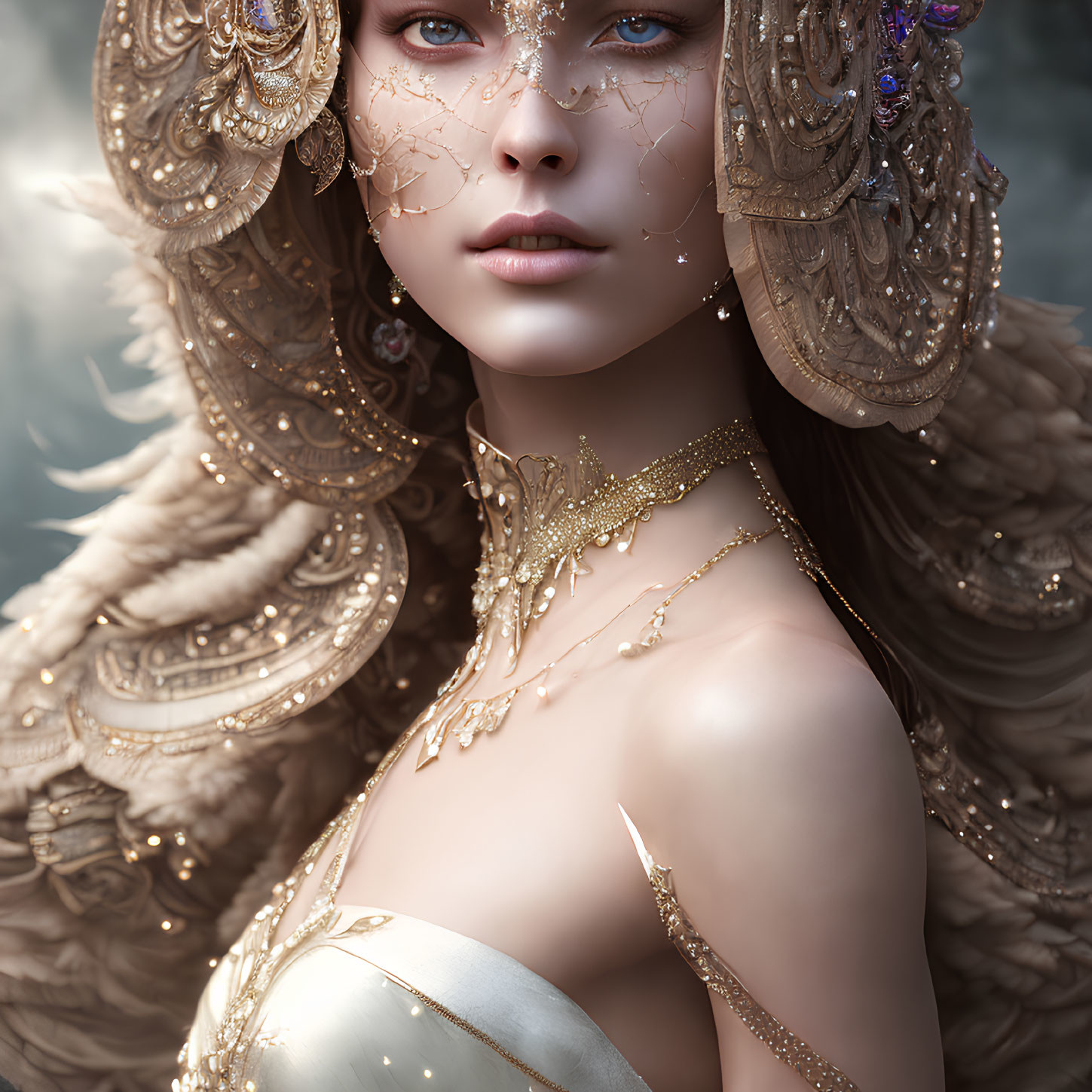 Intricate gold jewelry and ornate headdress on woman in digital artwork