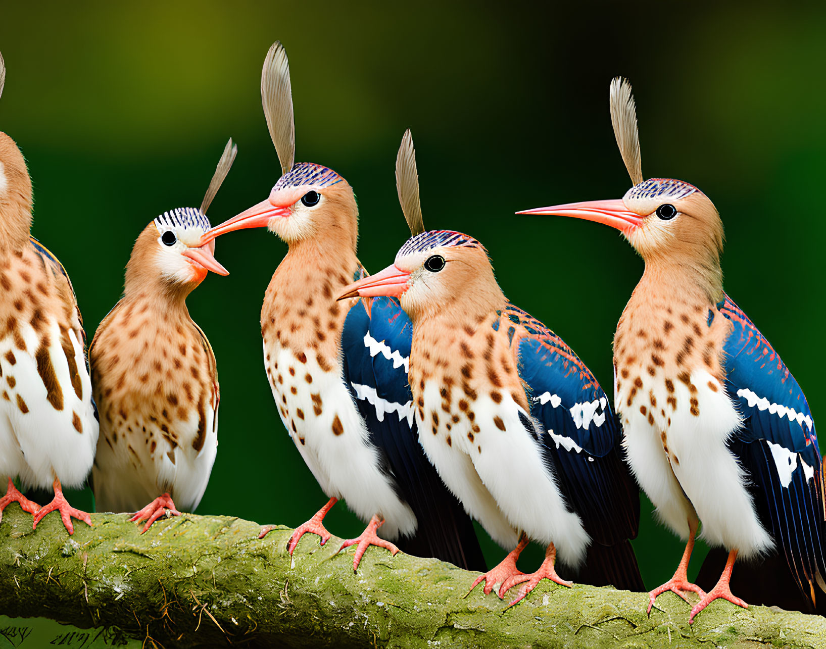 Five birds with spotted brown plumage and long orange beaks perched on a branch against a green