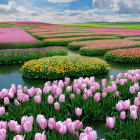 Colorful Floral Landscape with Pink Tulips and Multi-Colored Blooms under Cloudy Sky