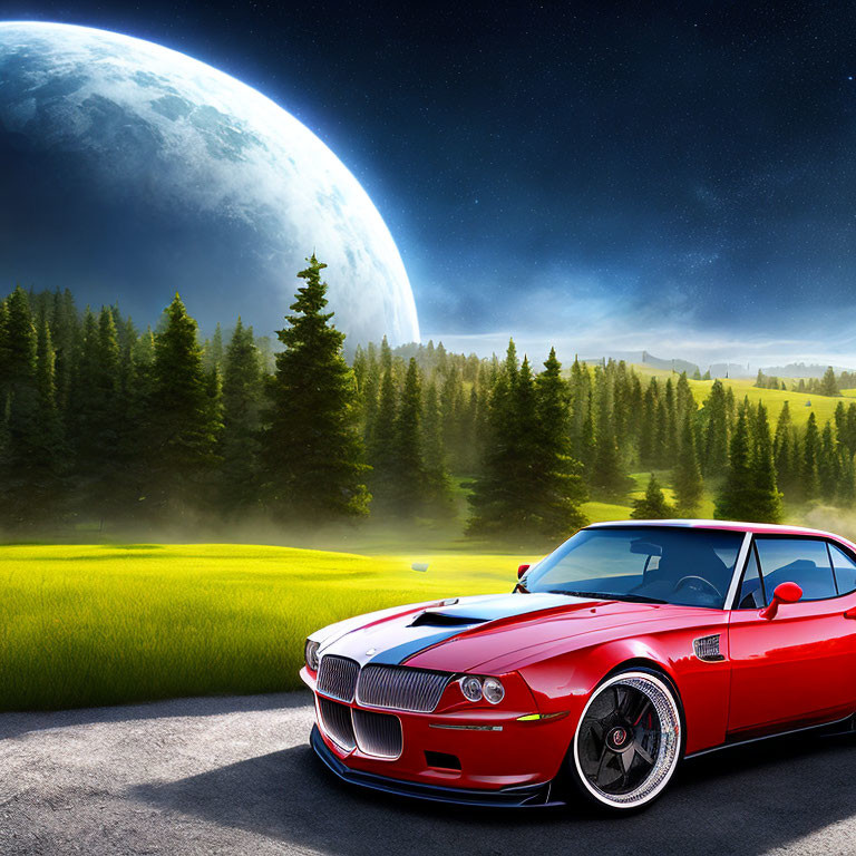 Red sports car parked on road near green meadow with moon in blue sky