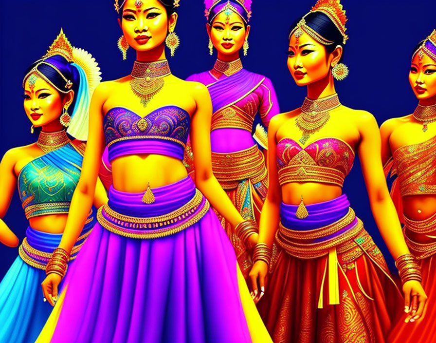 Vibrant Southeast Asian Attire on Five Female Figures Against Yellow Background