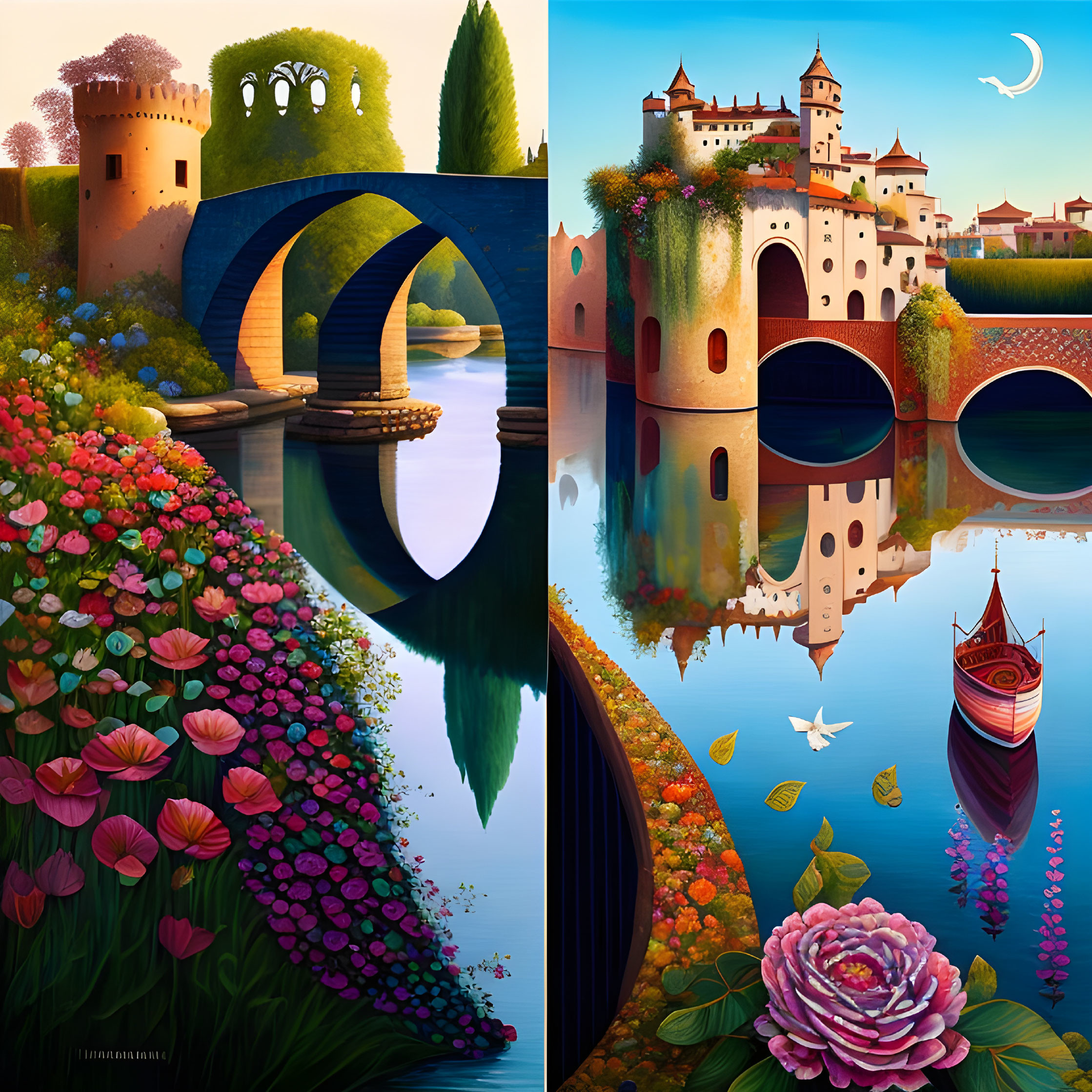 Whimsical artwork of twin castles, bridges, river, flora, and moonlit gond