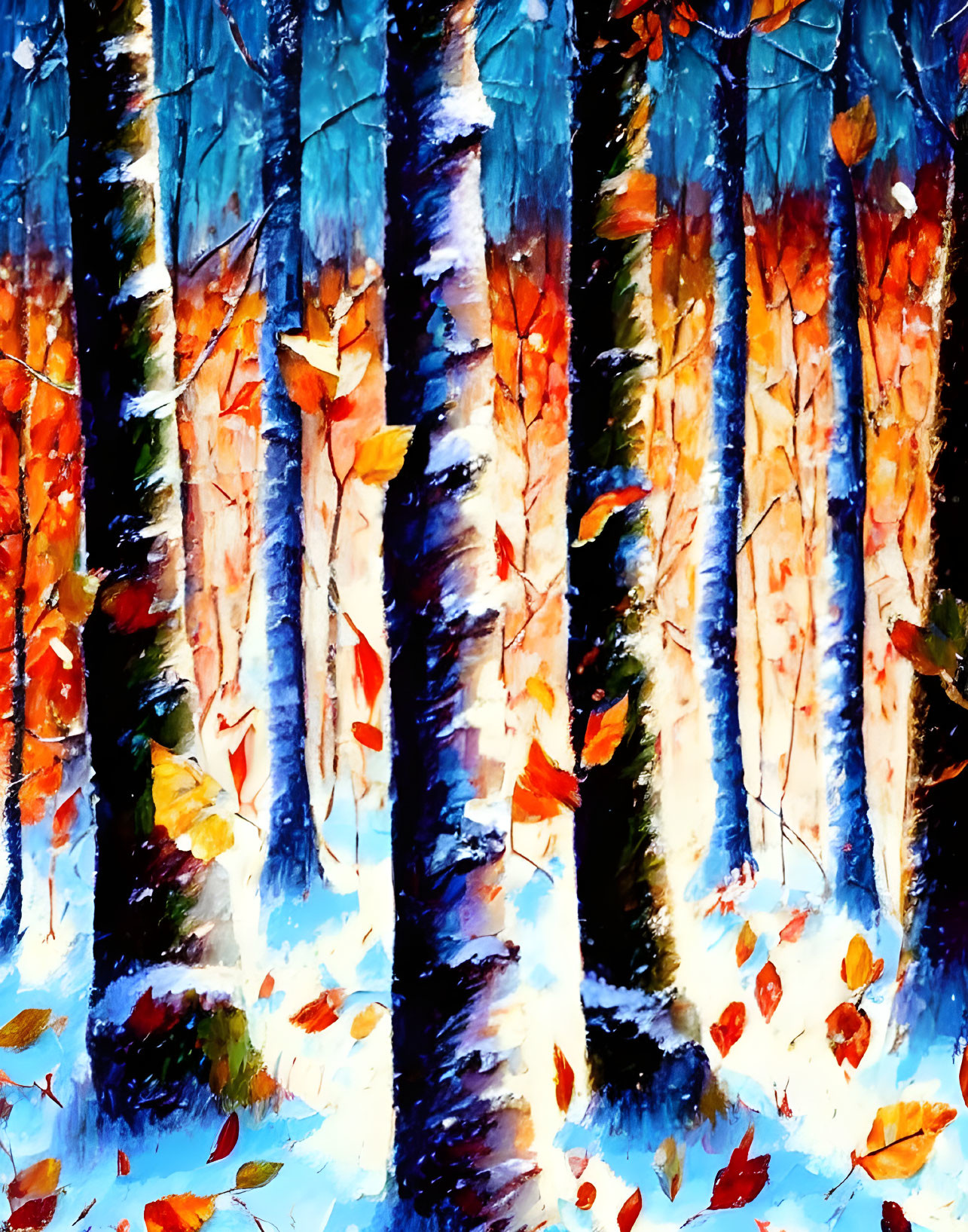 Vibrant impressionistic painting of autumn leaves in snowy forest