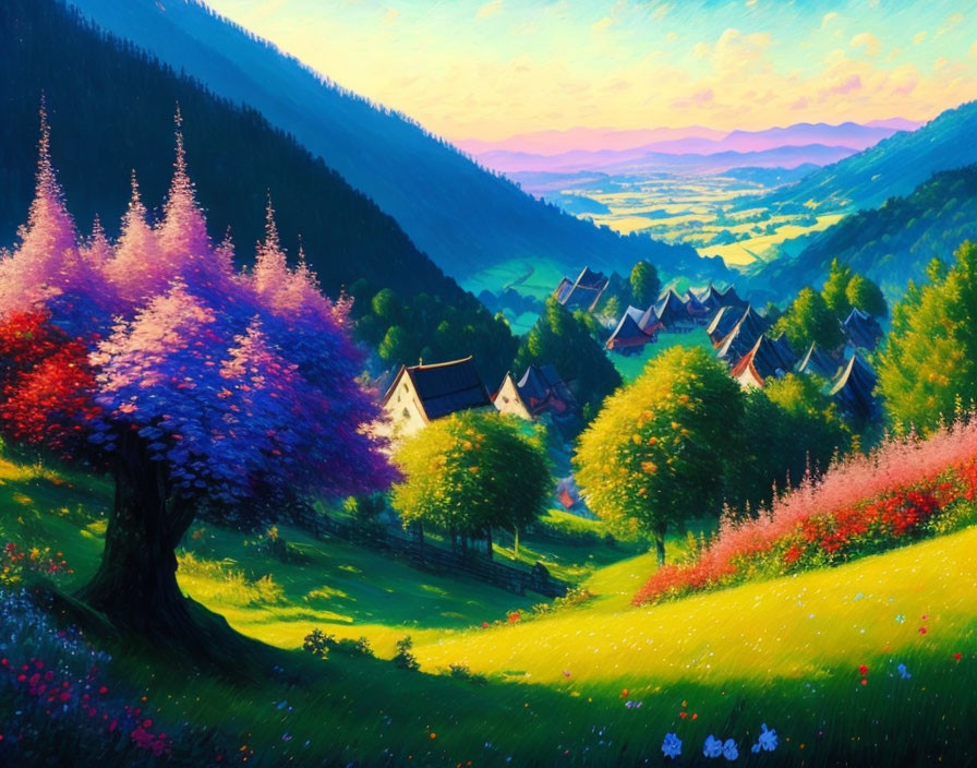 Colorful Landscape Painting of Lush Valley at Sunset