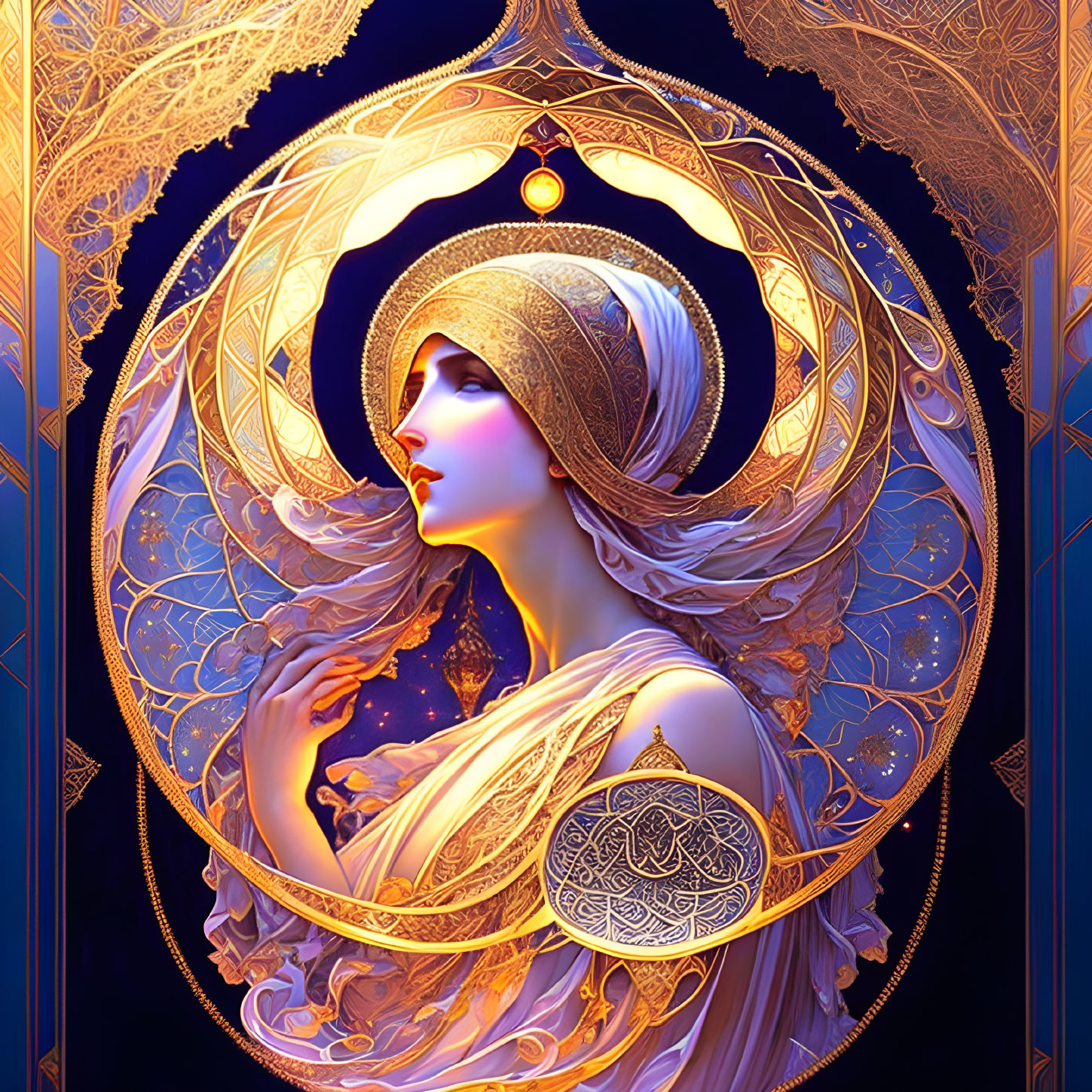 Detailed woman illustration with flowing hair and golden crescent moons on blue background