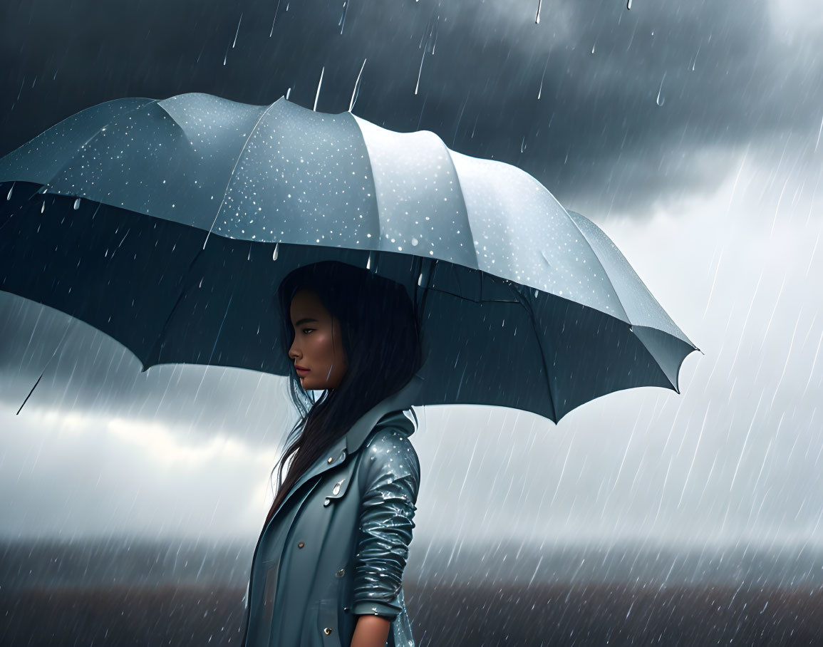 Woman standing under umbrella in stormy sky with raindrops.