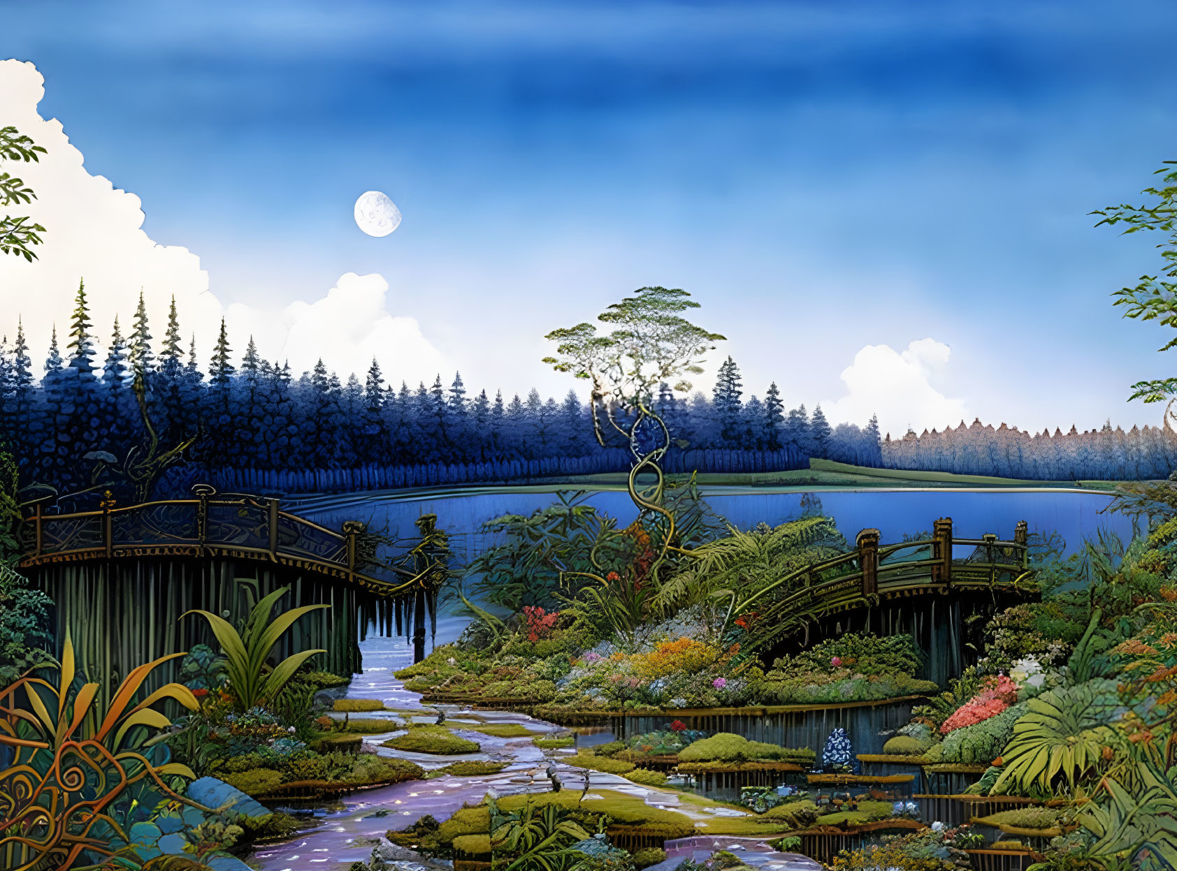 Tranquil Moonlit Night Scene with Wooden Bridges and Lush Greenery