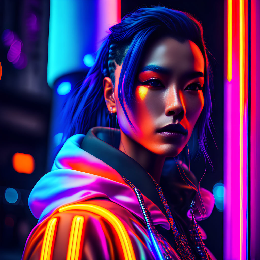 Intense gaze person with braided hair, neon lights, and stylish jacket.