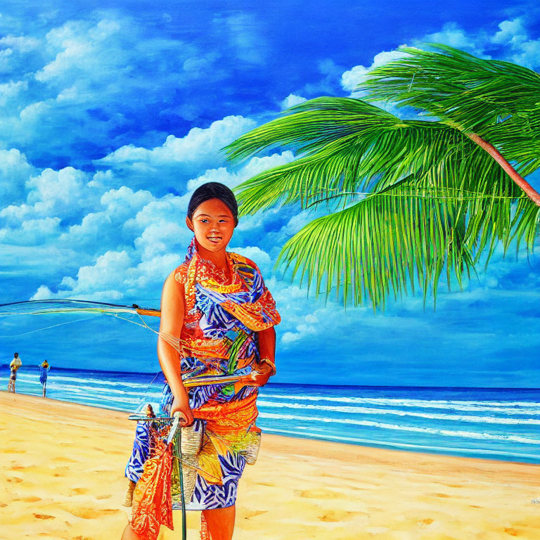 Smiling person with stick on sunny beach with blue sky and palm leaves