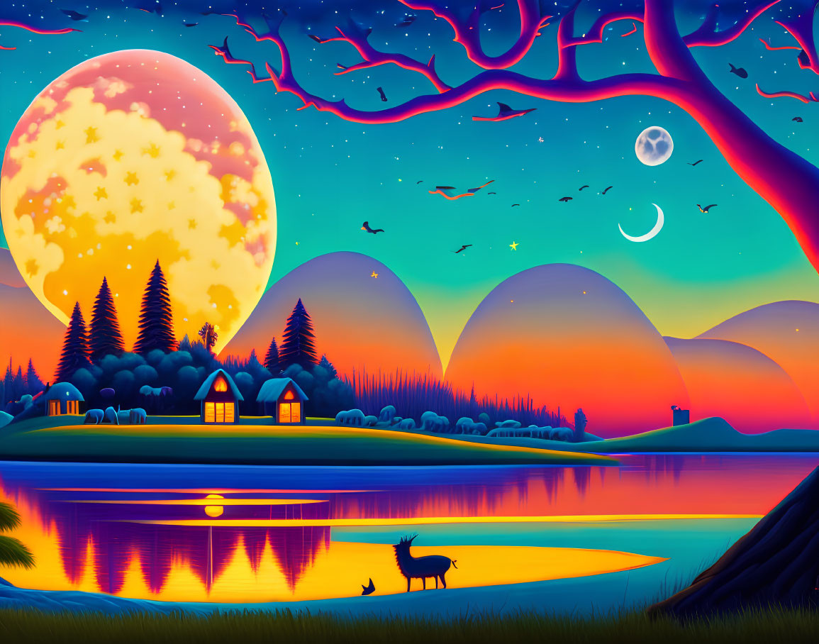 Serene Lake Sunset with Moon, Stars, Trees, Houses, and Stag