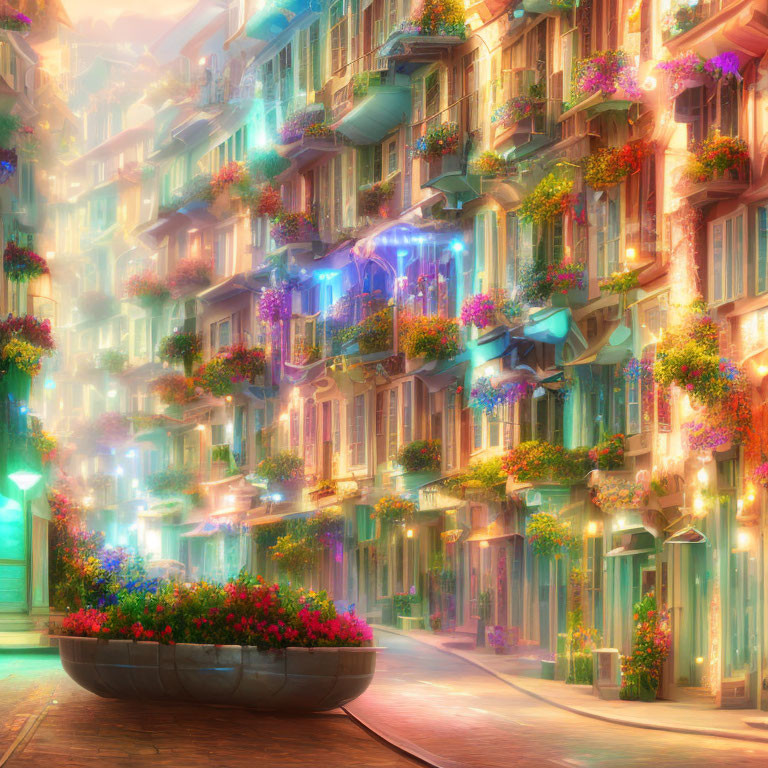 Colorful street with flowering balconies and warm twilight lights