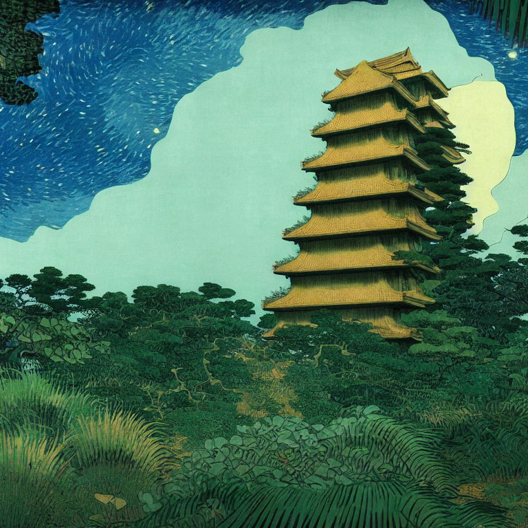 Stylized illustration of tall pagoda in lush foliage under night sky