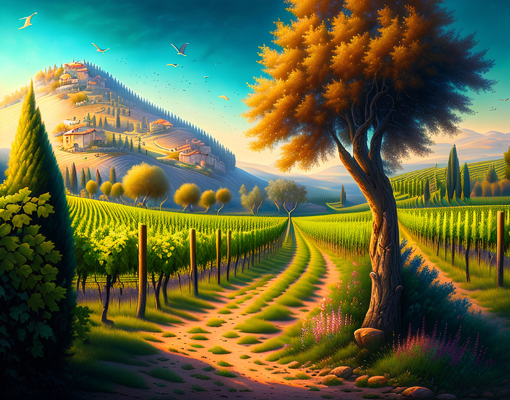 Scenic vineyard landscape with orange tree, hills, and buildings