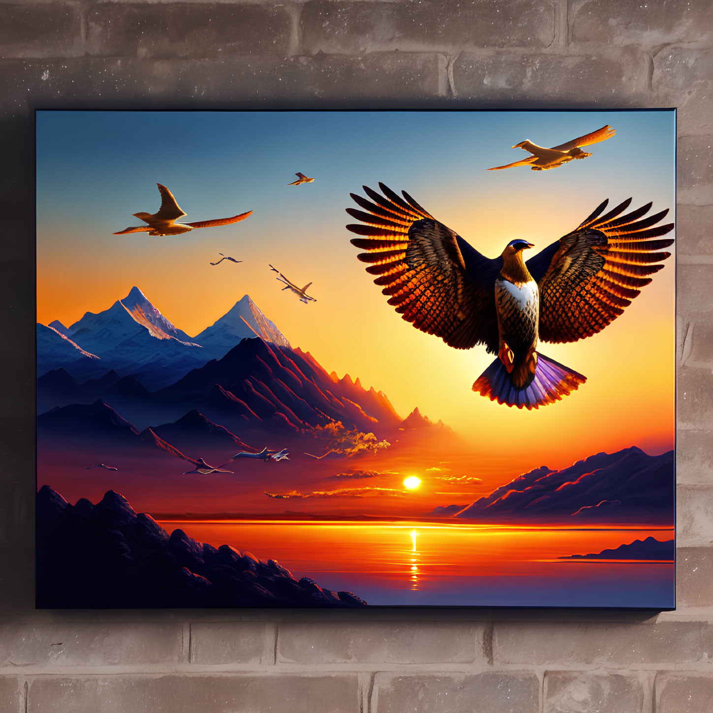Framed artwork featuring bird soaring at sunset over mountains and sea