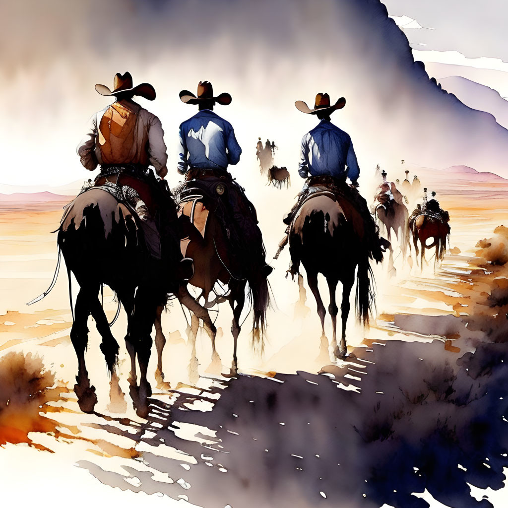 Cowboys on horses in misty Wild West landscape
