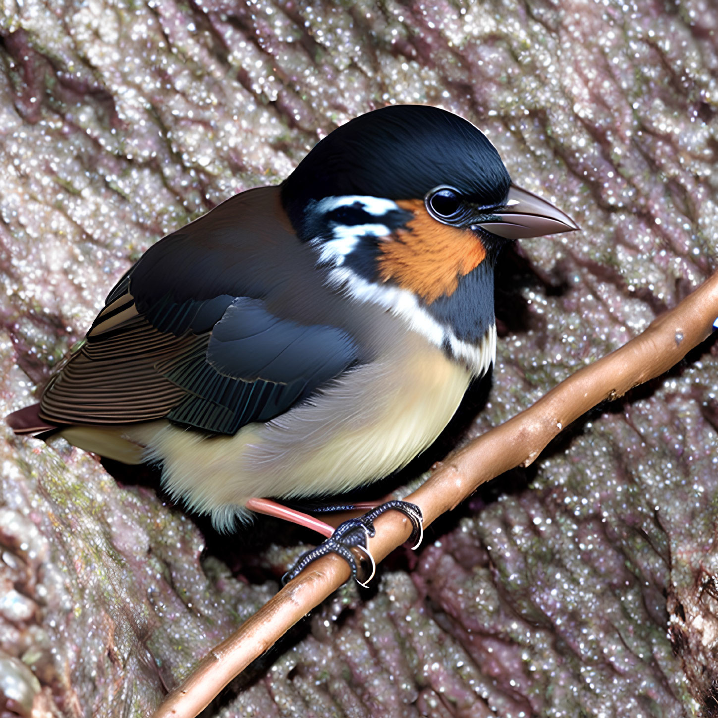 Colorful bird with black, white, blue, and orange-brown plumage on branch against textured
