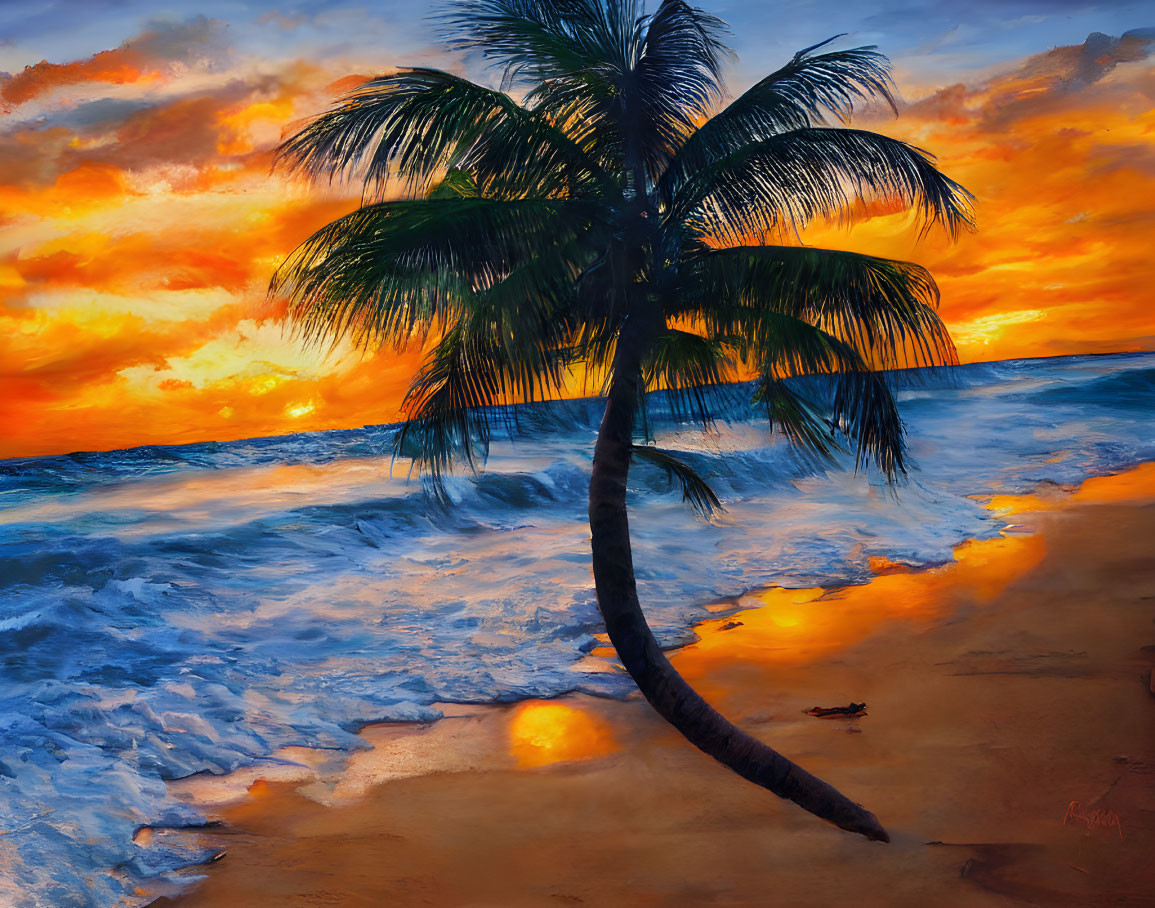 Sandy beach sunset with leaning palm tree and vibrant sky