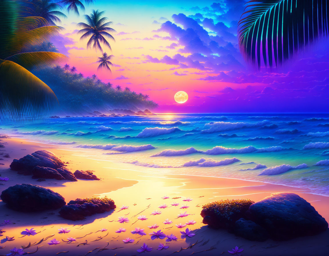 Vibrant digital art of tropical beach at sunset with purple and pink hues, palm trees, and