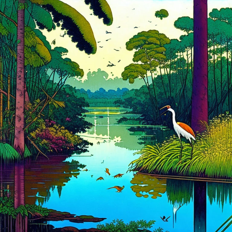Tranquil forest scene with heron by water and lush flora
