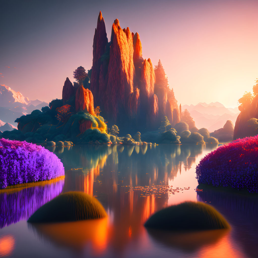 Tranquil landscape: purple fields, calm lake, orange rocks, pink sunset.