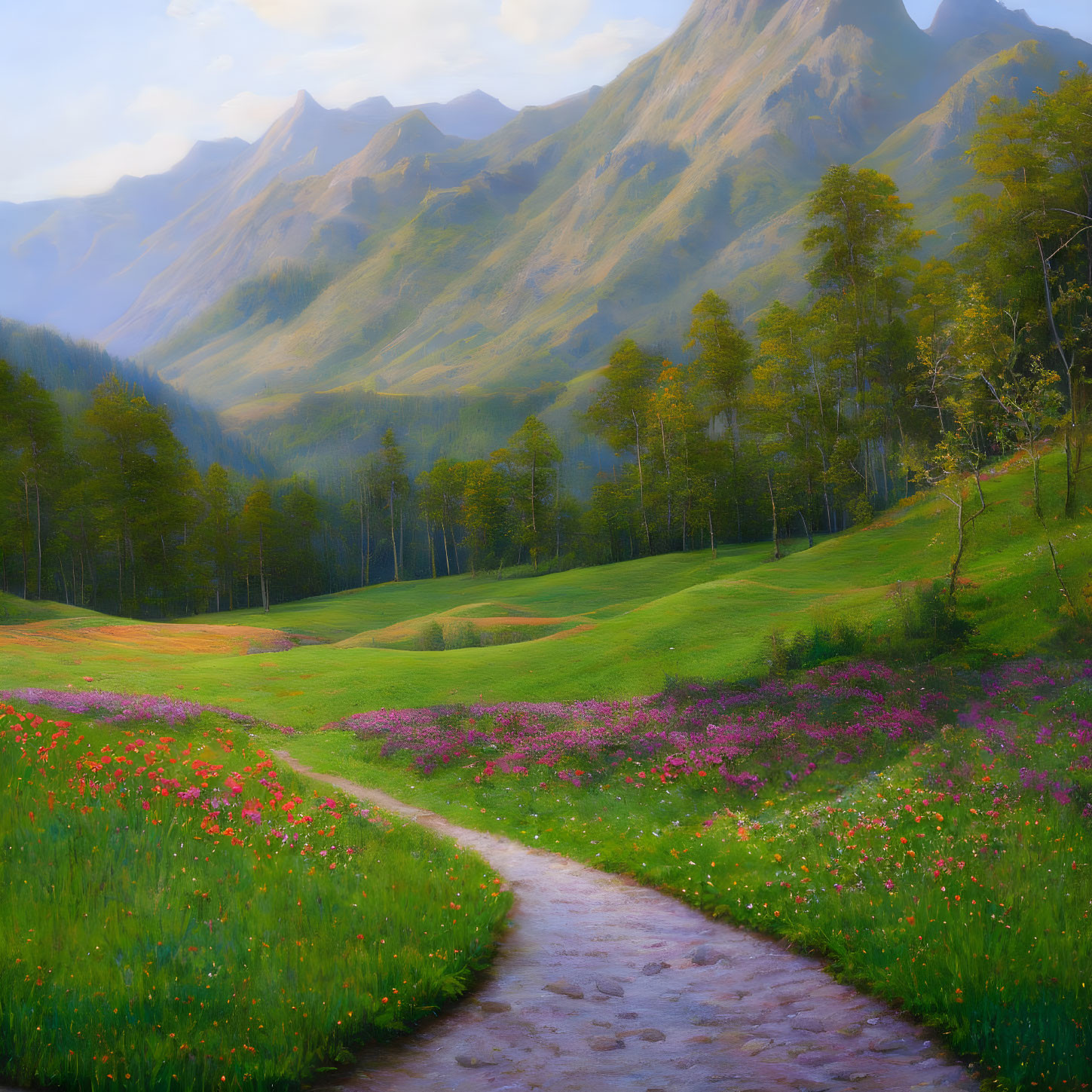 Tranquil landscape: meadow with wildflowers, trees, and mountains