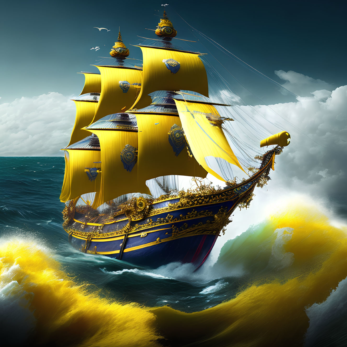 Golden-trimmed sailing ship with yellow sails on high waves and dramatic sky.