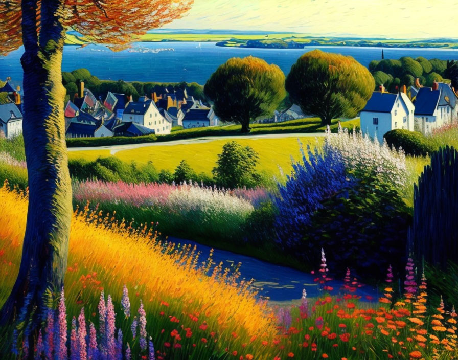 Scenic coastal village painting with flower-lined paths and calm sea