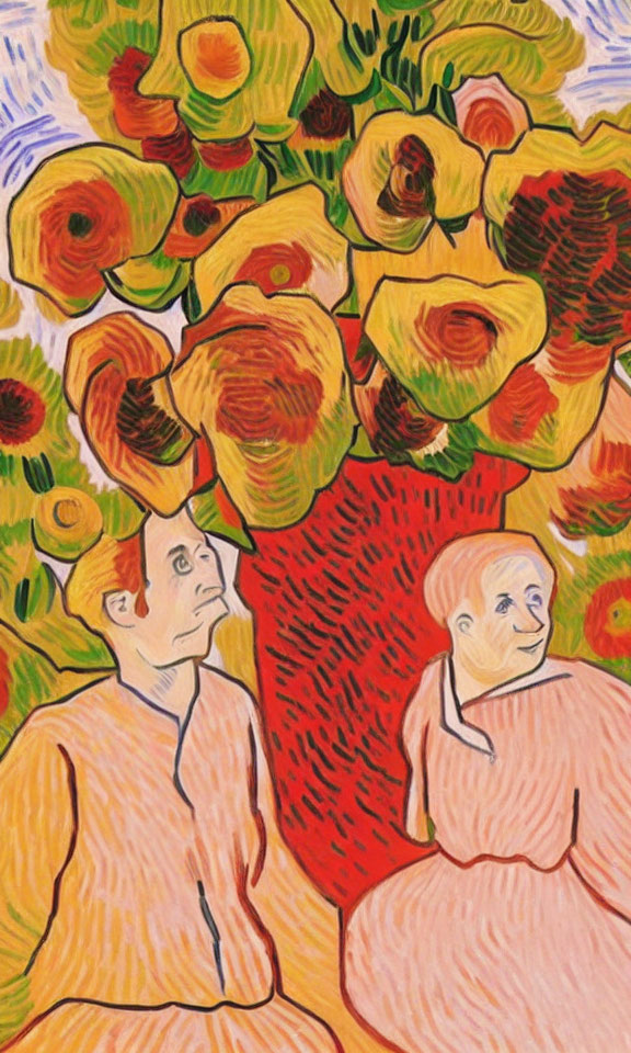 Colorful artwork: Two stylized figures among vibrant oversized flowers