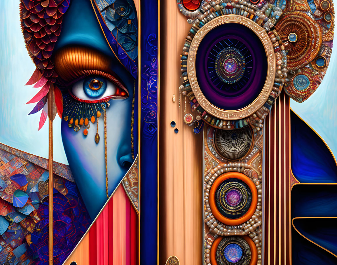 Colorful surrealist artwork of stylized face with intricate patterns in blues, oranges, and purp