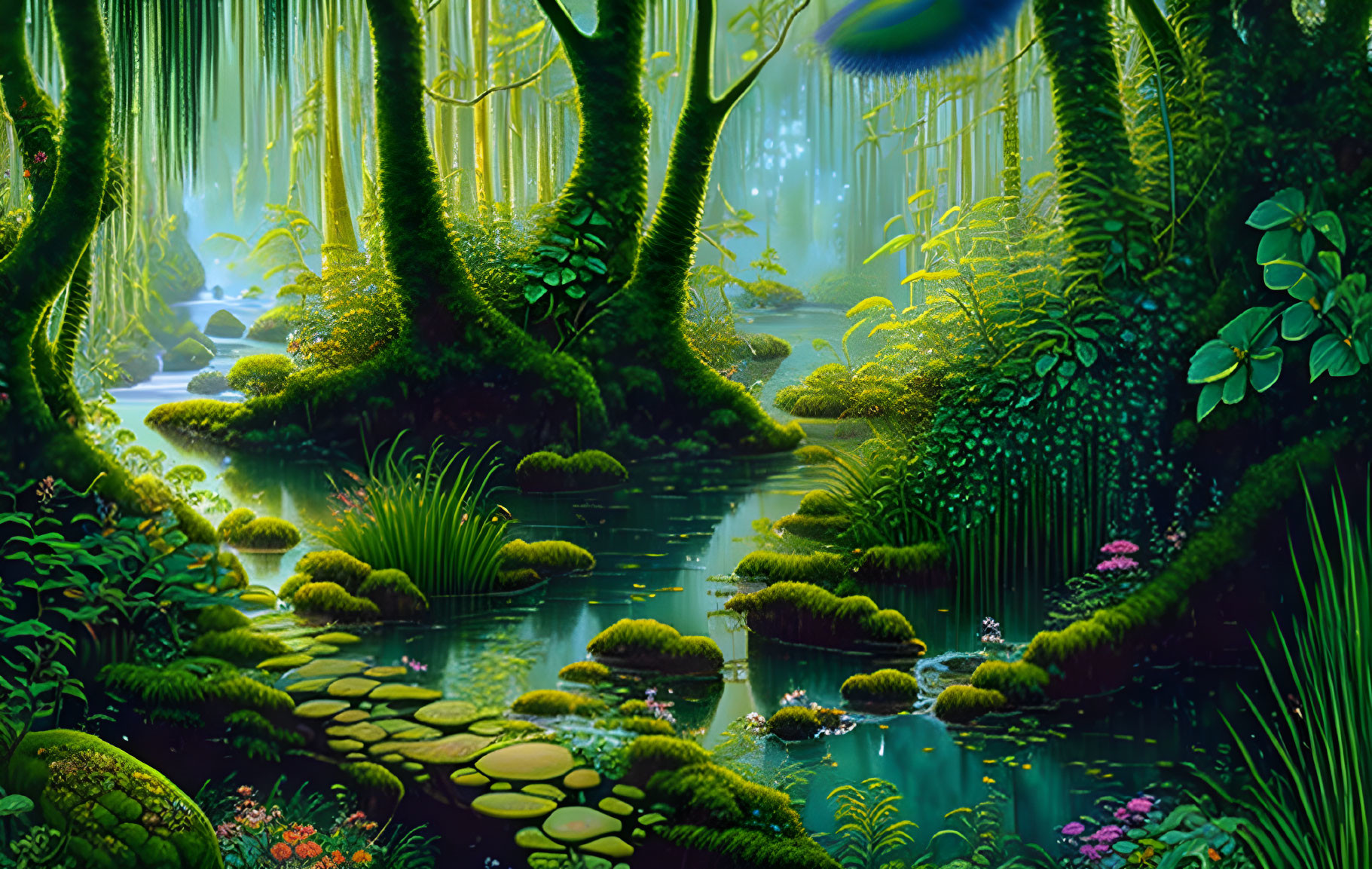 Serene forest with stream, greenery, stepping stones, and glowing lights.