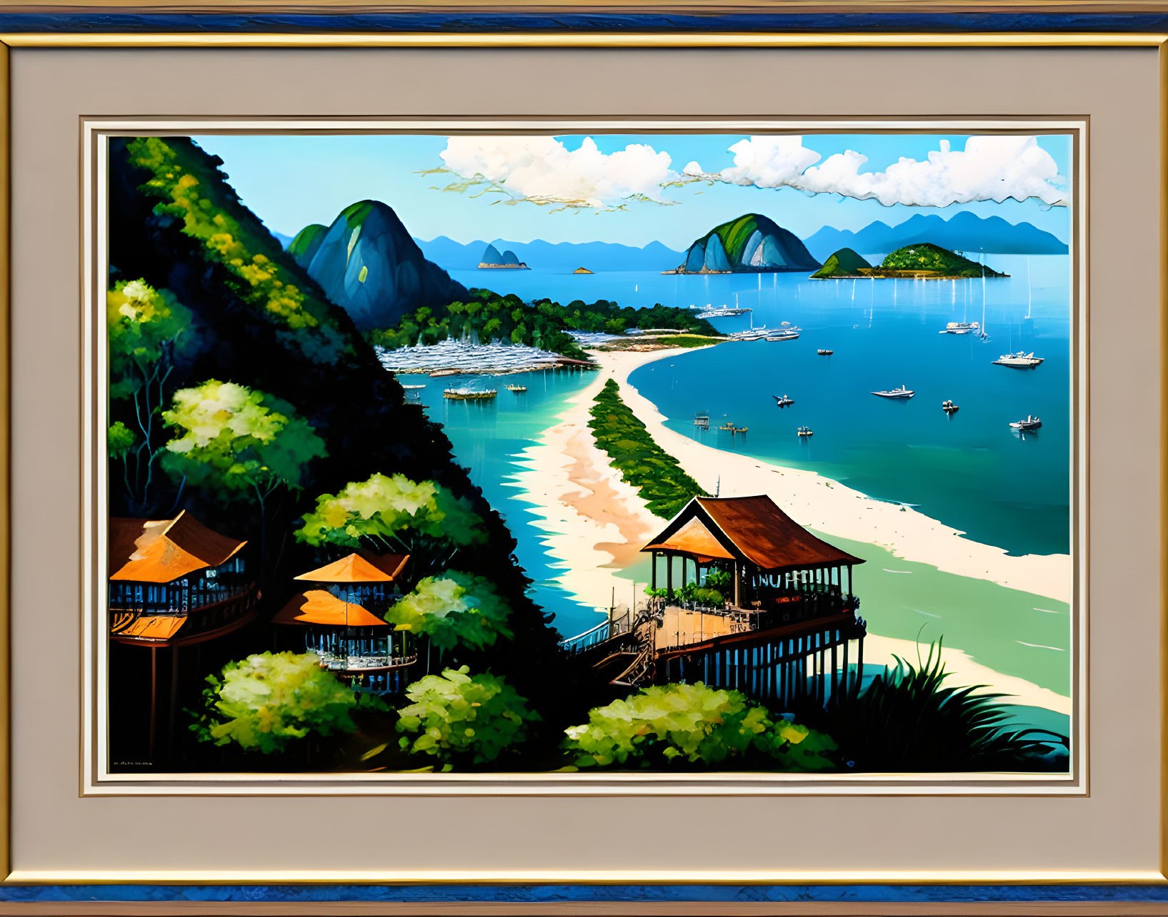 Colorful Coastal Landscape with Greenery, Huts, Beach, Boats, and Mountains