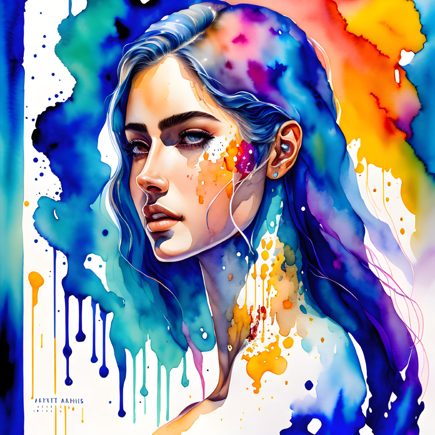Colorful Watercolor Illustration of Woman with Abstract Splashes