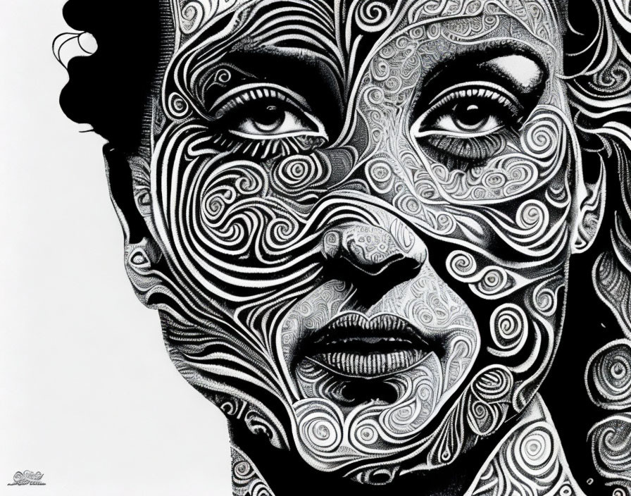 Monochrome artwork of woman's face with intricate swirl patterns