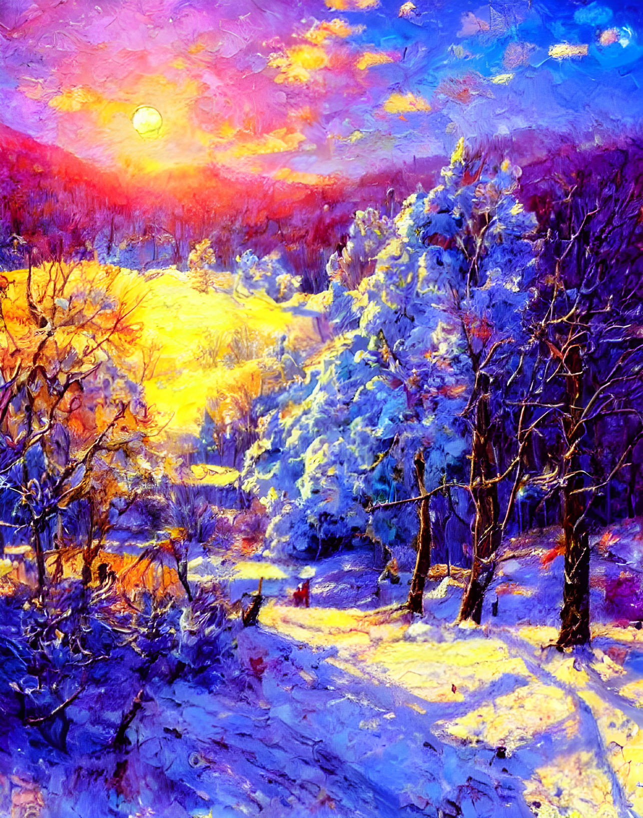 Snowy landscape painting with colorful sunset sky.
