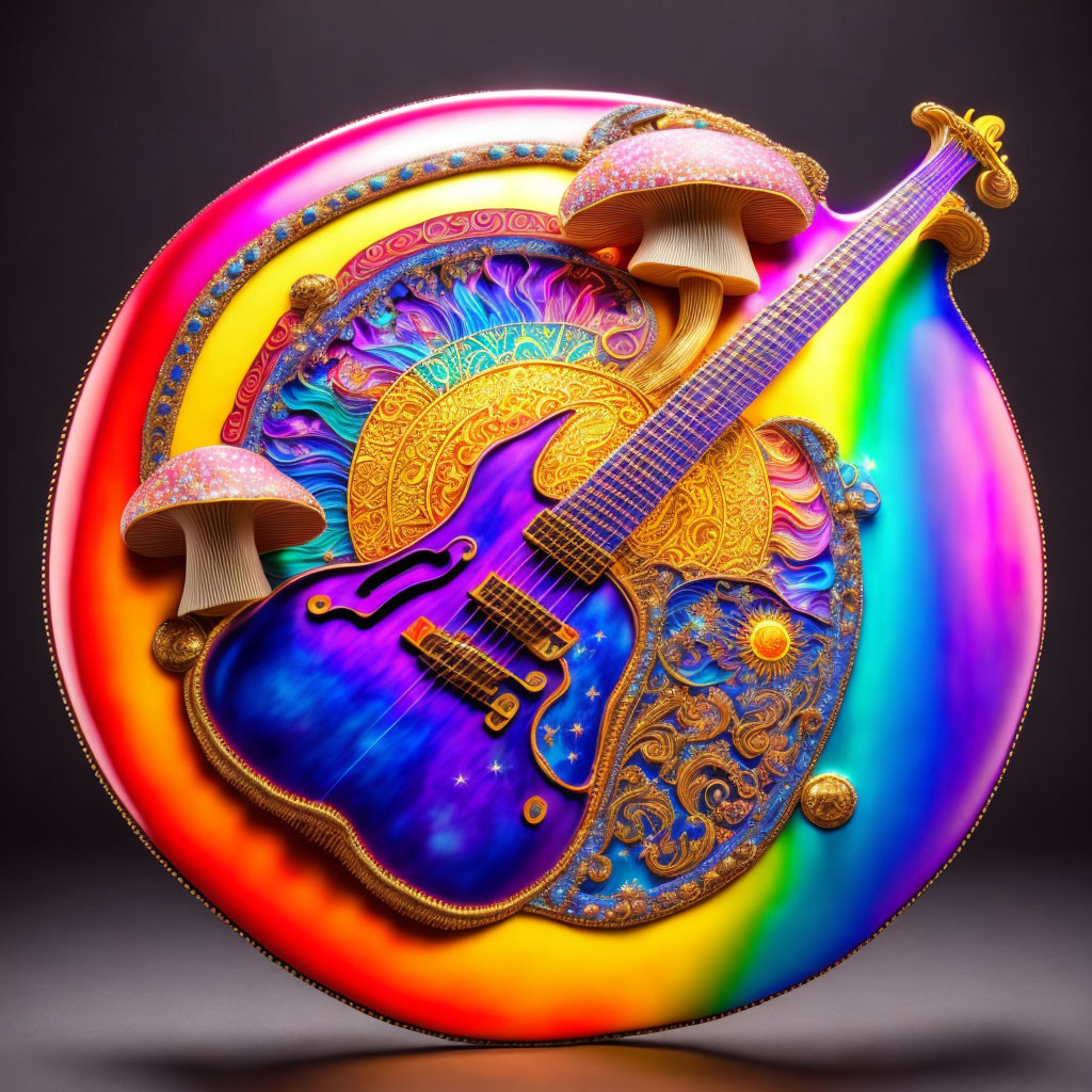 Colorful Psychedelic Artwork with Blue Electric Guitar and Ornate Patterns