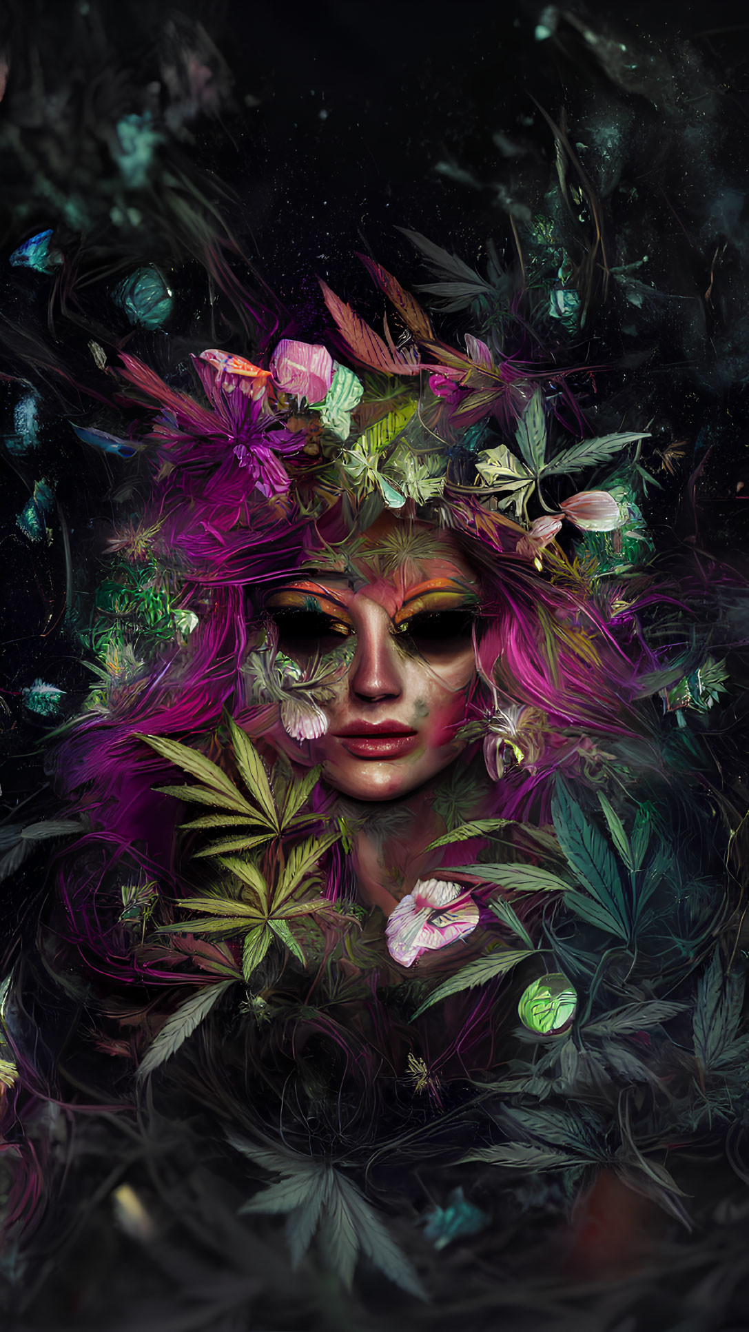 Vibrant Makeup and Purple Hair Woman with Mystical Aura and Butterflies