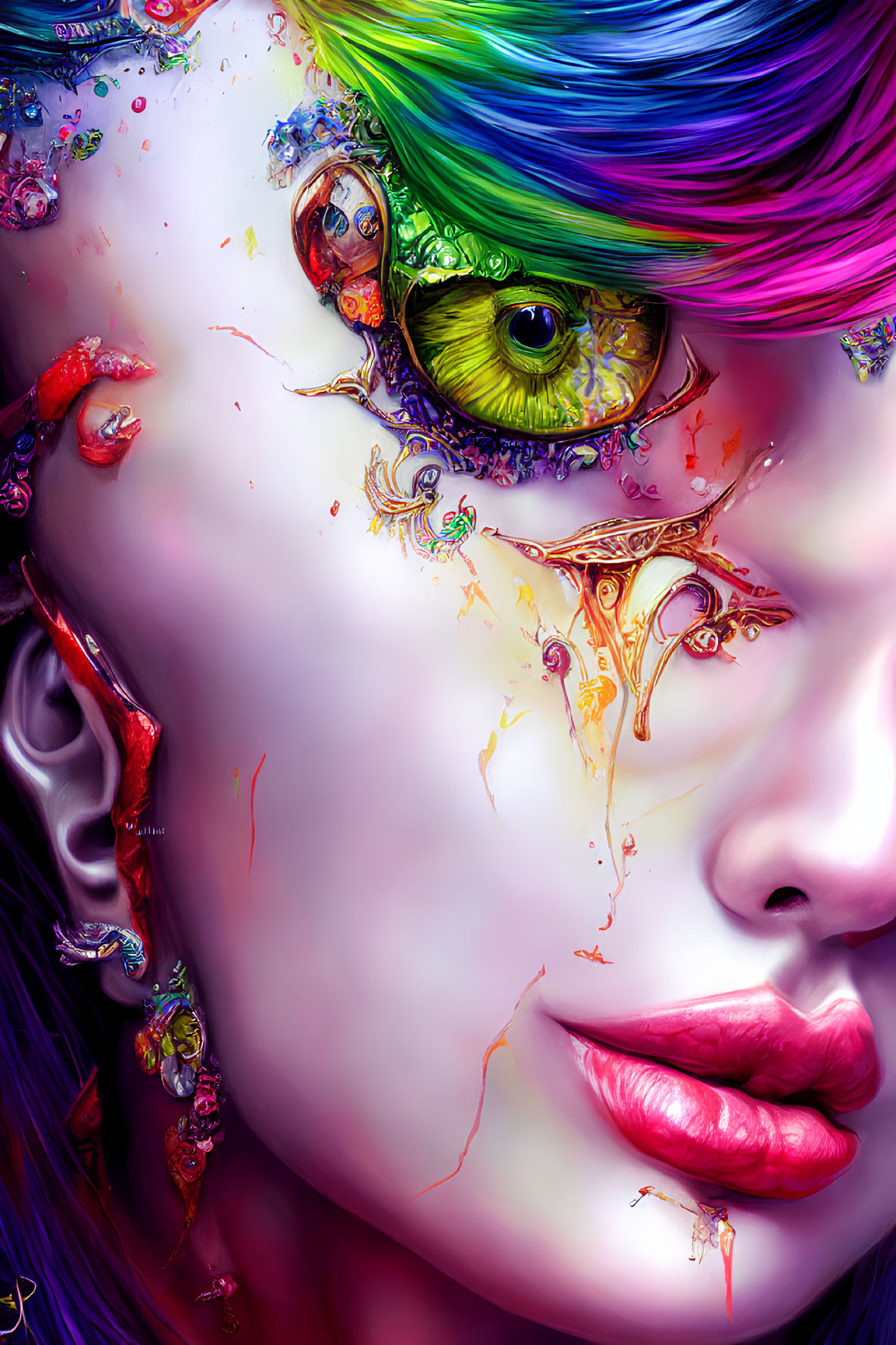 Colorful eye makeup and splattered paint effects on person's portrait