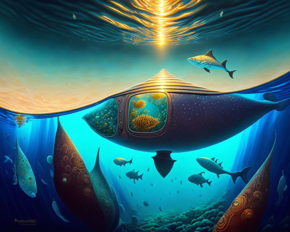 Underwater Scene with Fish, Submarine, and Coral Reefs