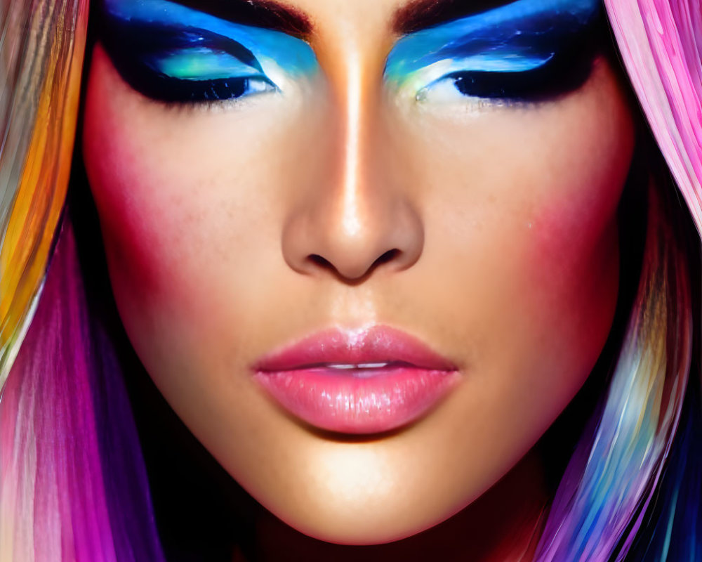 Vibrant blue eyeshadow, pink cheeks, glossy lips on woman's face