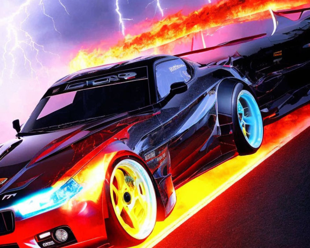 Stylized image of modified sports car with glowing wheels under dramatic sky