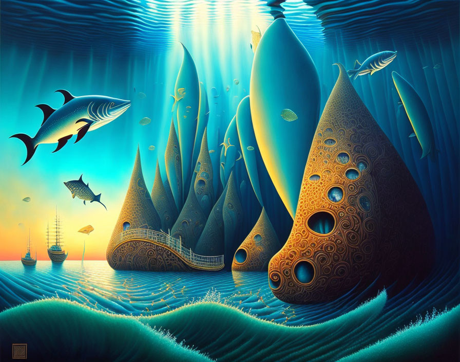 Stylized underwater scene with fish, sunken ships, and cone-shaped structures in yellow and blue
